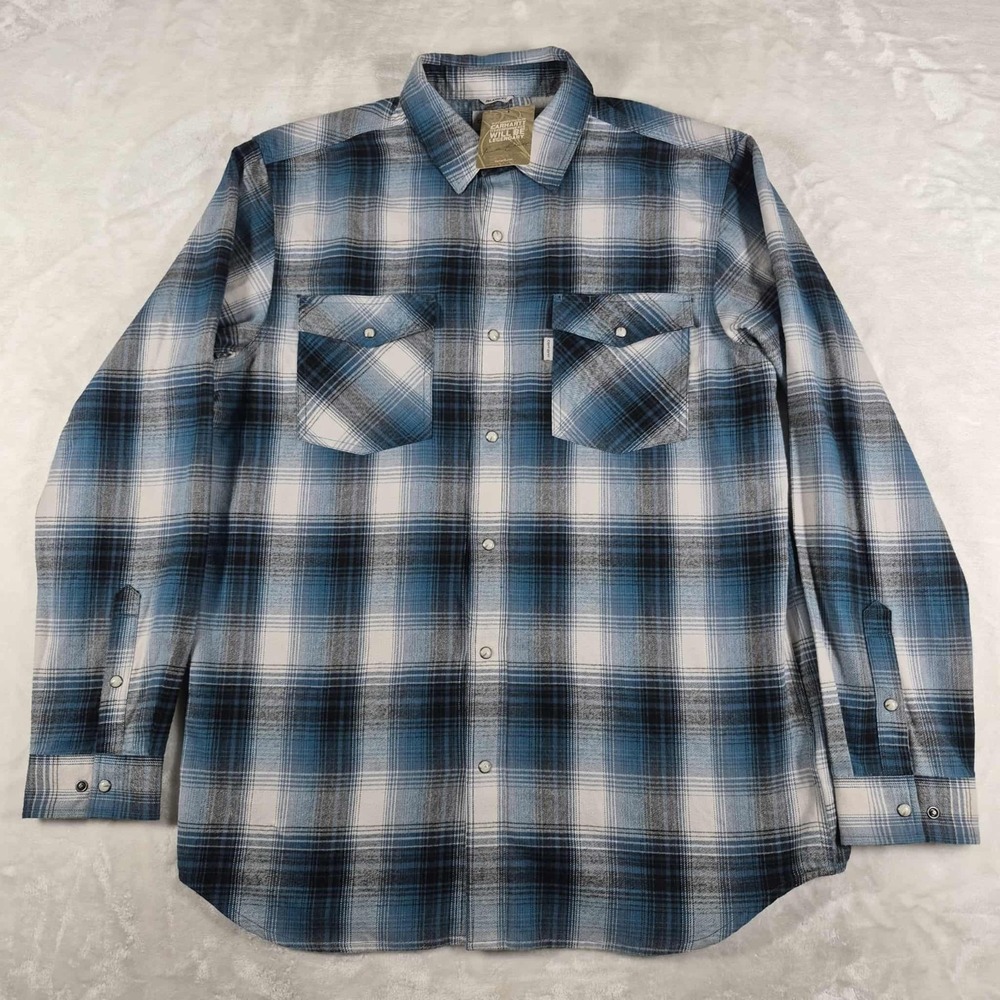 Carhartt Relaxed Fit Flannel Men's Large Blue White Plaid‎ Pearl Snap Casual NWT